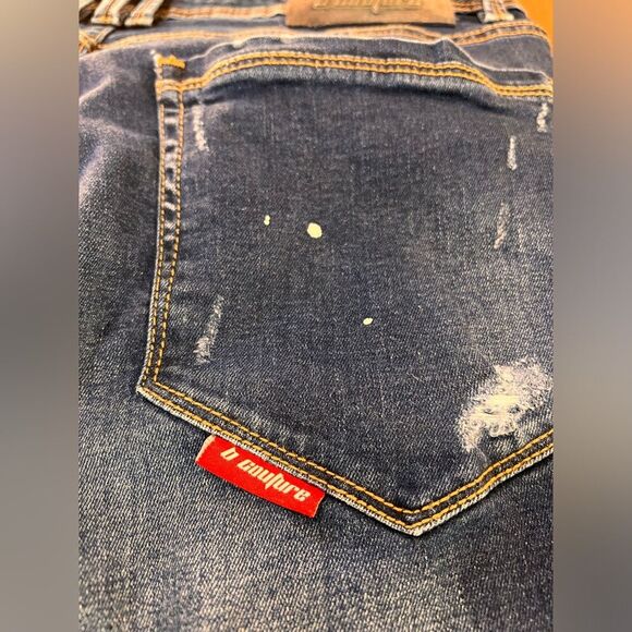 B Couture High Barnet Taper Fit Jeans Paint Splatter Mid Blue Stretchy Men Sz 36 - Picture 7 of 12